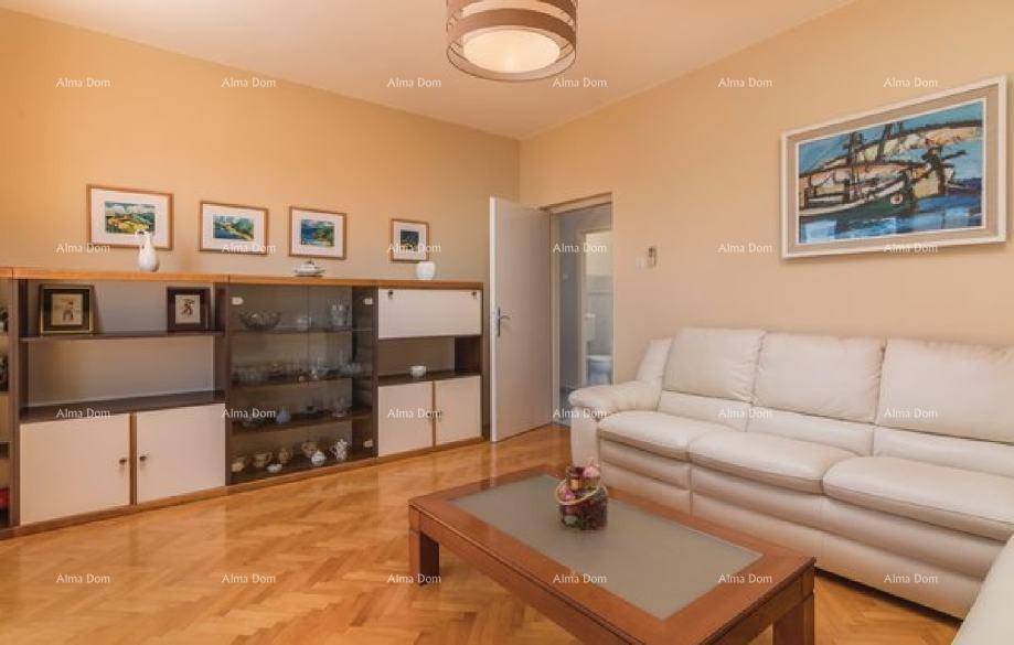 Wohnzimmer mit beigem Sofa, Holzschrank, Parkettboden und einem Gemälde an der Wand.