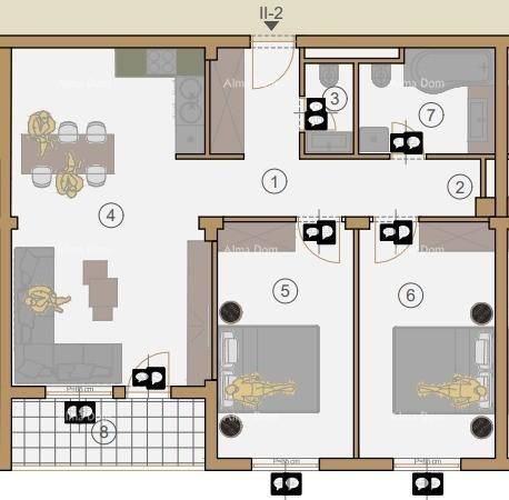 Grundriss einer Wohnung mit zwei Schlafzimmern, offenem Wohnbereich und Loggia.