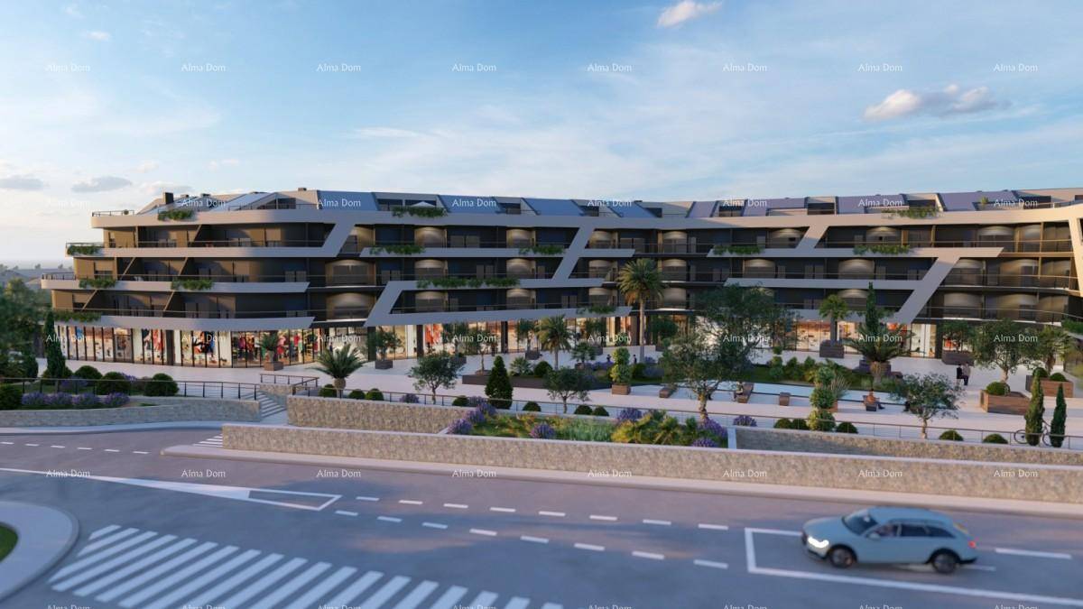 Weitläufige Visualisierung des modernen Gebäudekomplexes mit Geschäften und Wohnungen entlang der Straße.