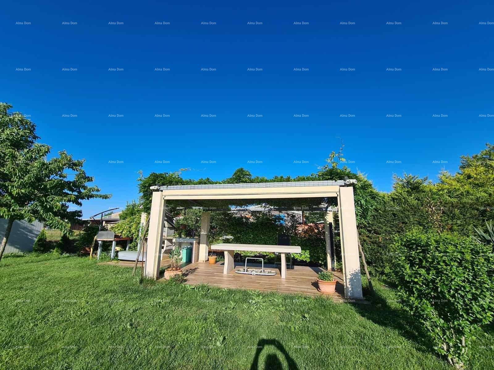 Weitläufiger Gartenbereich mit überdachtem Essplatz und üppiger Bepflanzung unter blauem Himmel.