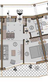 Detaillierter Grundriss einer Wohnung mit offenem Wohnbereich, Schlafzimmer und Badezimmer.