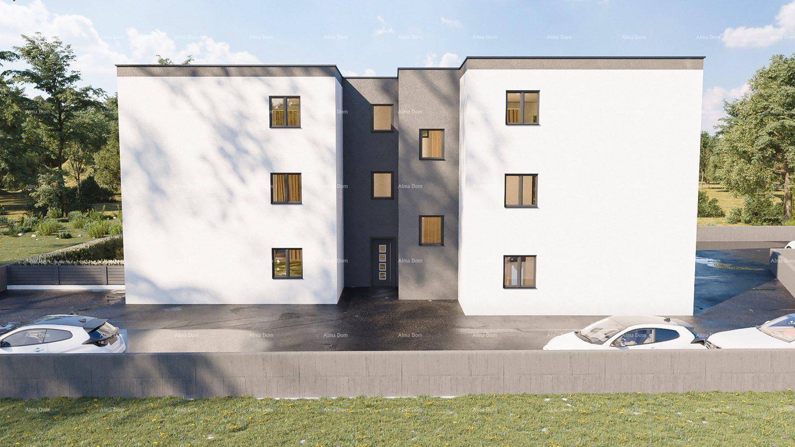 Vorderansicht der modernen Wohnanlage mit schlichter Fassade und Parkplätzen.