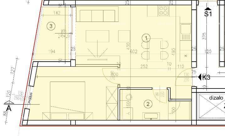 Grundriss einer Wohnung mit offenem Wohnbereich, Schlafzimmer und Balkon.