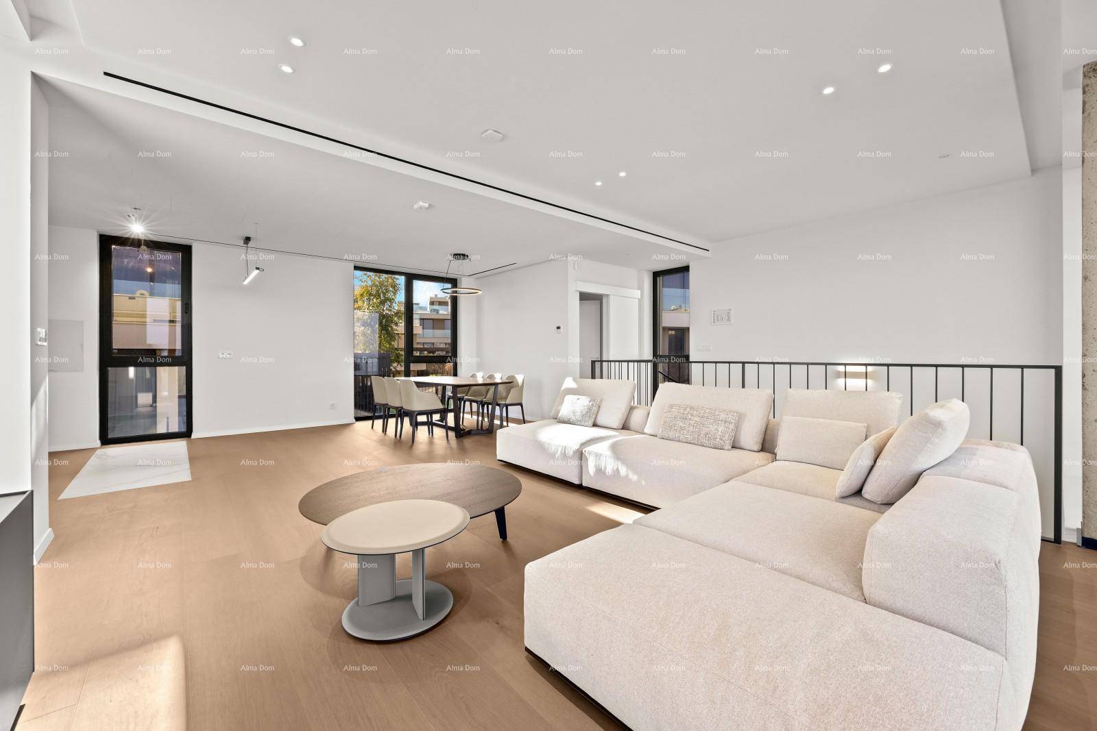 Heller, offener Wohn- und Essbereich mit modernem Sofa und Holzboden.