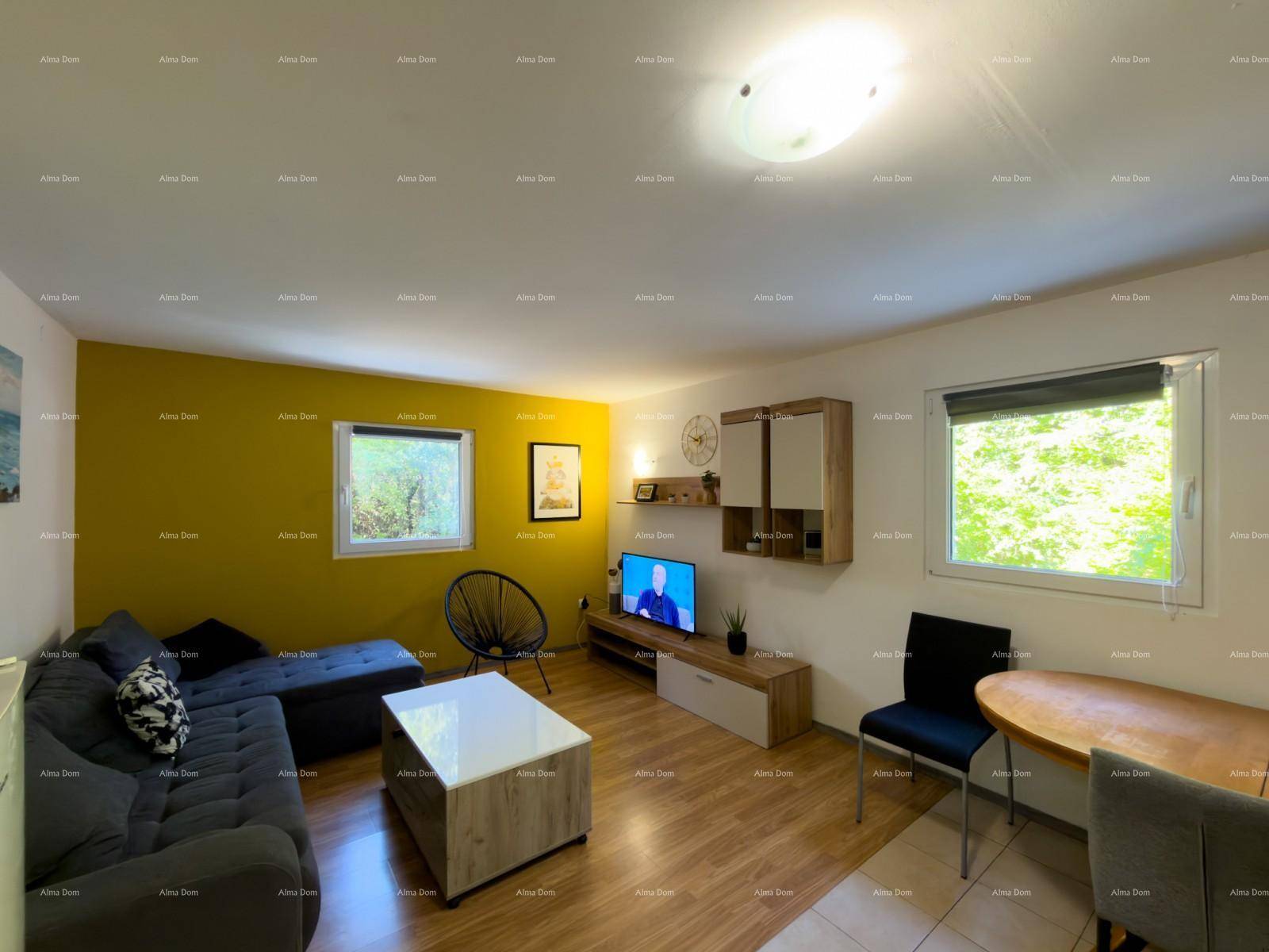 Gemütliches Wohnzimmer mit Sofa, Couchtisch und Fernseher vor einer gelben Wand.