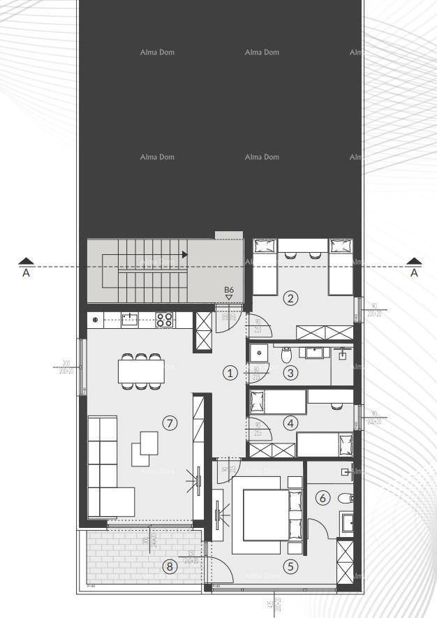 Detaillierter Grundriss einer Wohnung mit offenem Wohnbereich, mehreren Schlafzimmern und Terrasse.