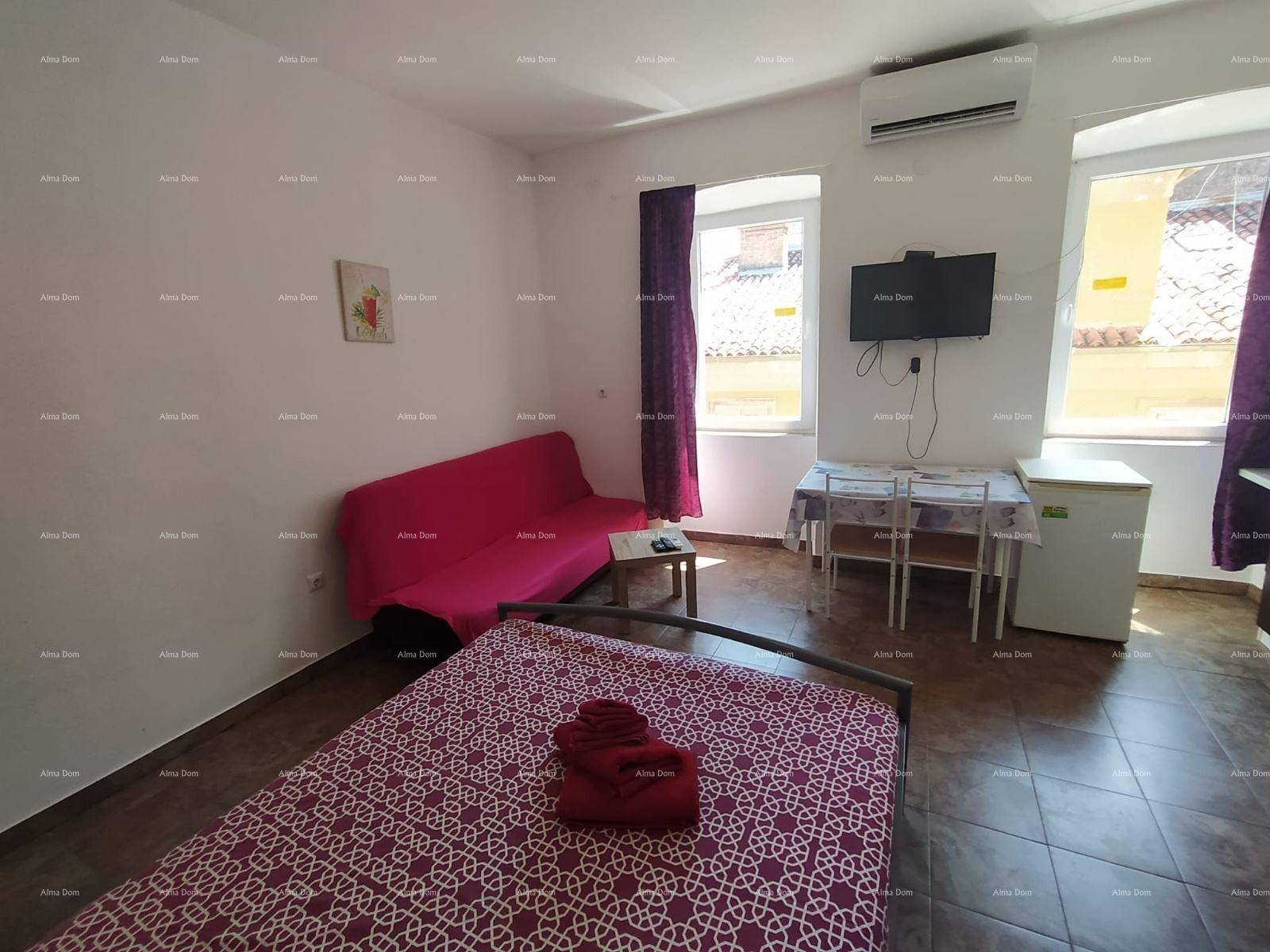 Gemütliches Studio-Apartment mit Schlafbereich, Sofa und Esstisch, ausgestattet mit Klimaanlage und TV.