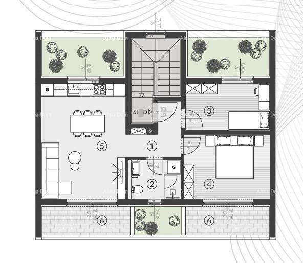 Grundriss einer Wohnung mit offenem Wohnbereich, zwei Schlafzimmern und zwei Terrassen.