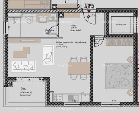 Grundriss einer Wohnung mit offener Küche, Wohnbereich, Schlafzimmer und Terrasse.