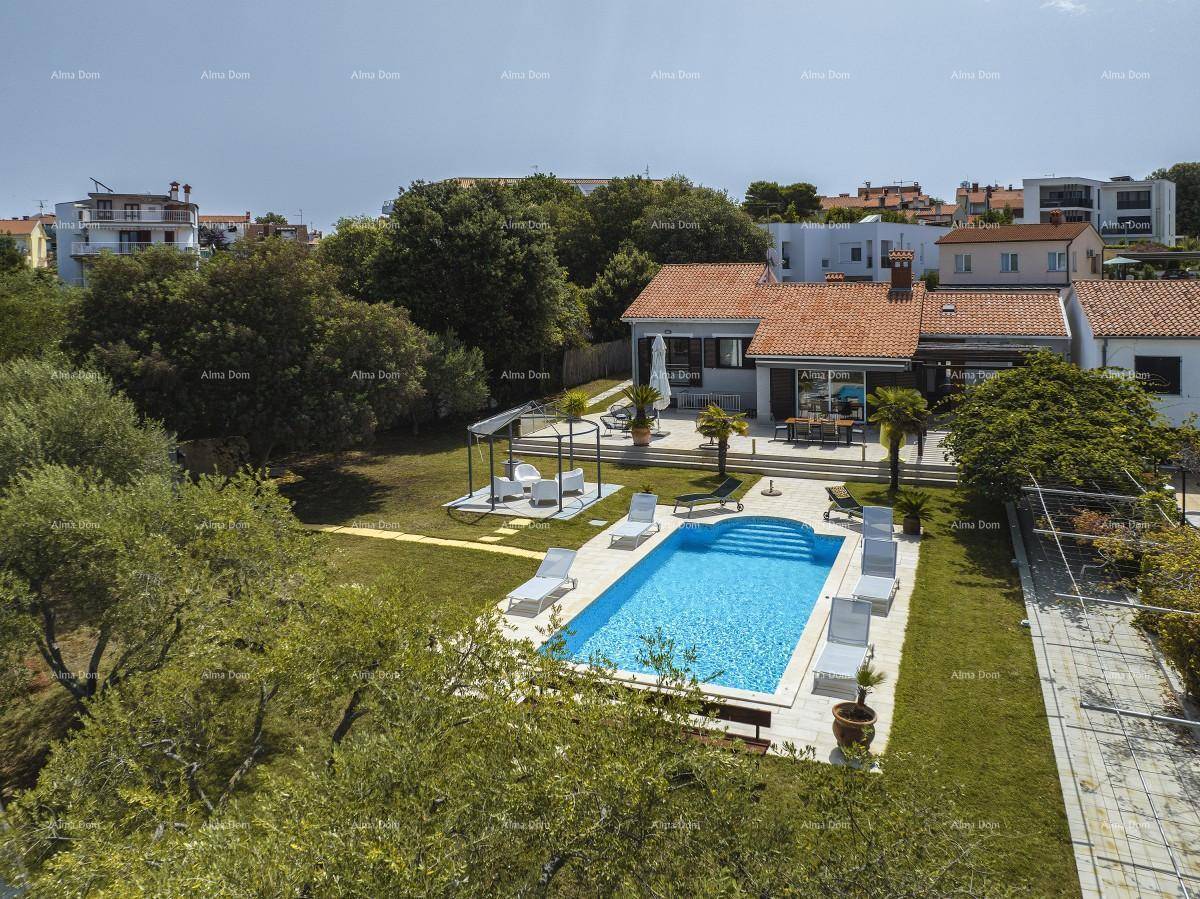 Großzügiger Garten mit Pool und Liegestühlen, umgeben von viel Grün und Häusern.