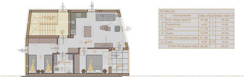 Grundriss der Wohnung D3 mit offenem Wohnbereich, Schlafzimmern und Loggia.