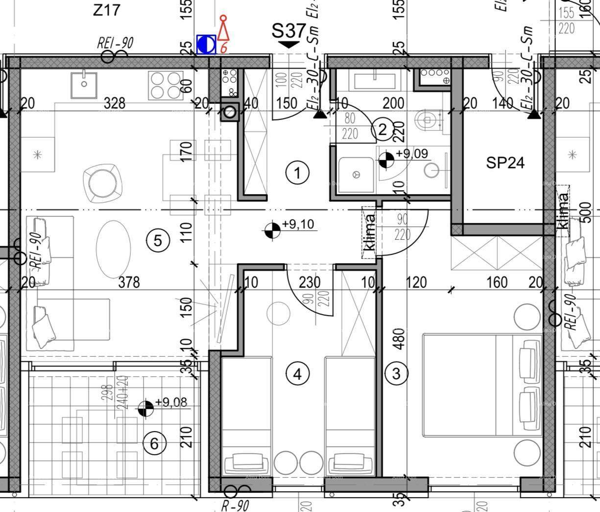 Grundriss der Wohnung S37 mit Aufteilung in Schlafzimmer, Bad, Küche und Loggia.
