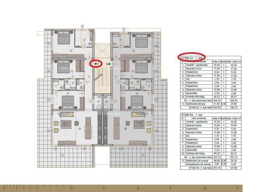 Grundrissplan einer Etage mit mehreren Wohneinheiten und Zimmeraufteilung.