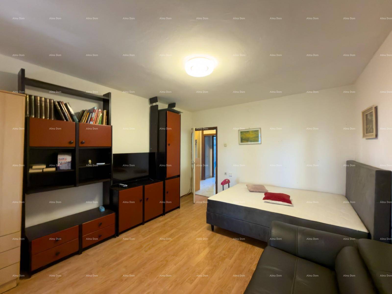 Schlafzimmer mit Bett, Sofa, Holzfußboden und Wandregal.