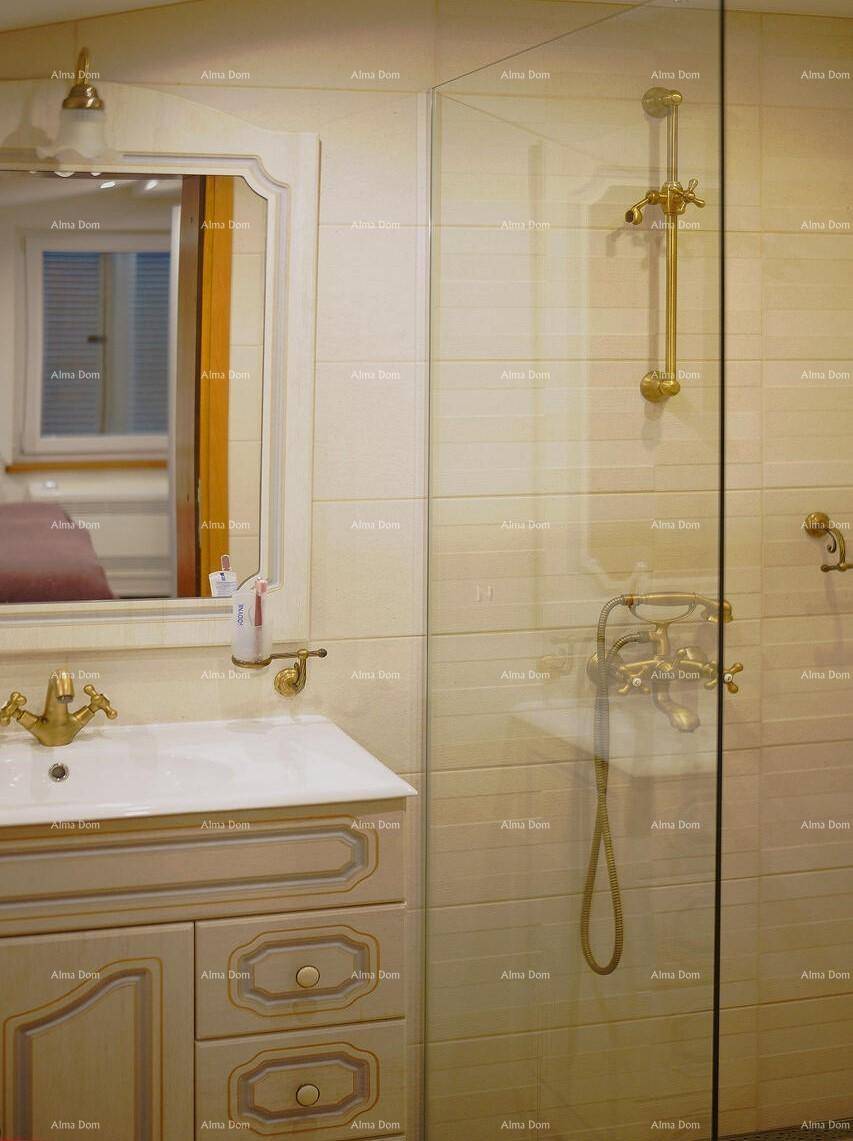 Badezimmer mit Einzelwaschbecken, Spiegel und Duschbereich mit Glasabtrennung sowie goldenen Armaturen.