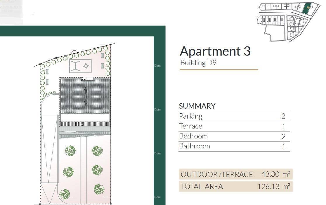 Übersichtsplan der Wohnung 3 in Gebäude D9 mit Außenbereich, Terrasse und Parkplätzen.