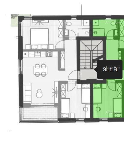 Grundriss einer Wohnung mit offenem Wohn-Essbereich, Küche und Schlafzimmer.