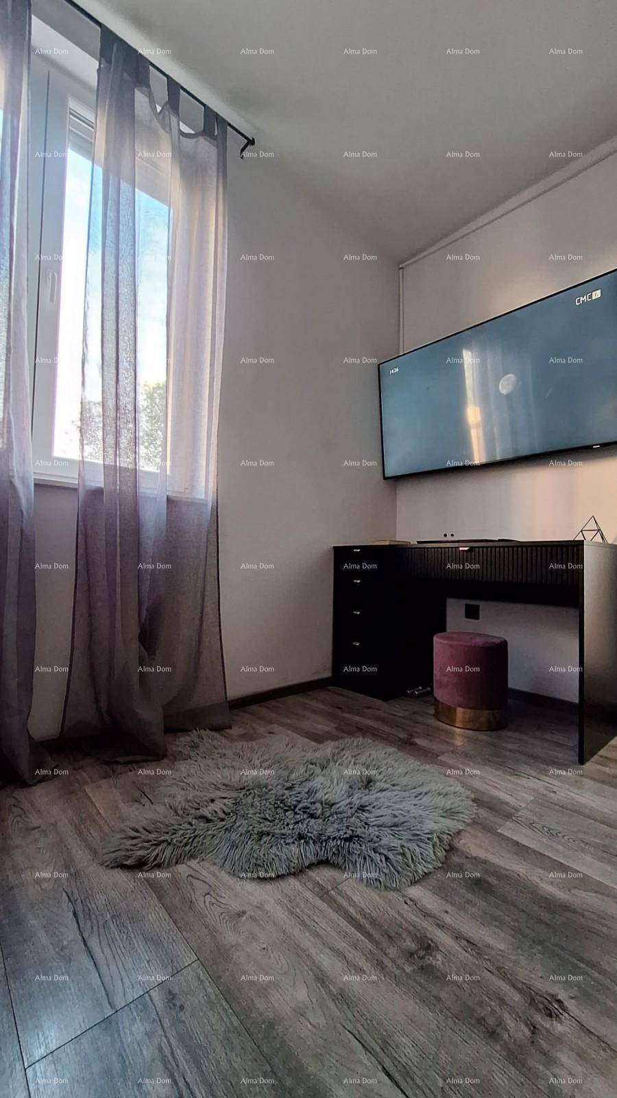 Bereich mit großem Wandfernseher, Schreibtisch und Fenster, ergänzt durch einen flauschigen Teppich.