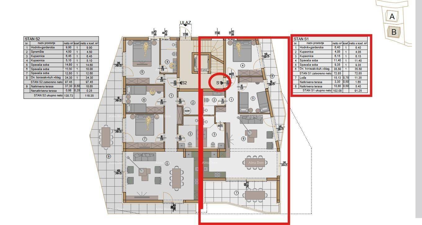 Detaillierter Grundrissplan für zwei Wohnungen mit Raumaufteilung und Terrassenbereichen.