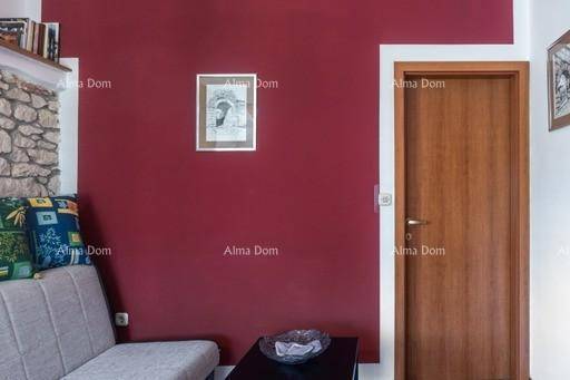 Wohnbereich mit roter Akzentwand, bequemer Couch und Holztür, ergänzt durch Steinmauerdetails.