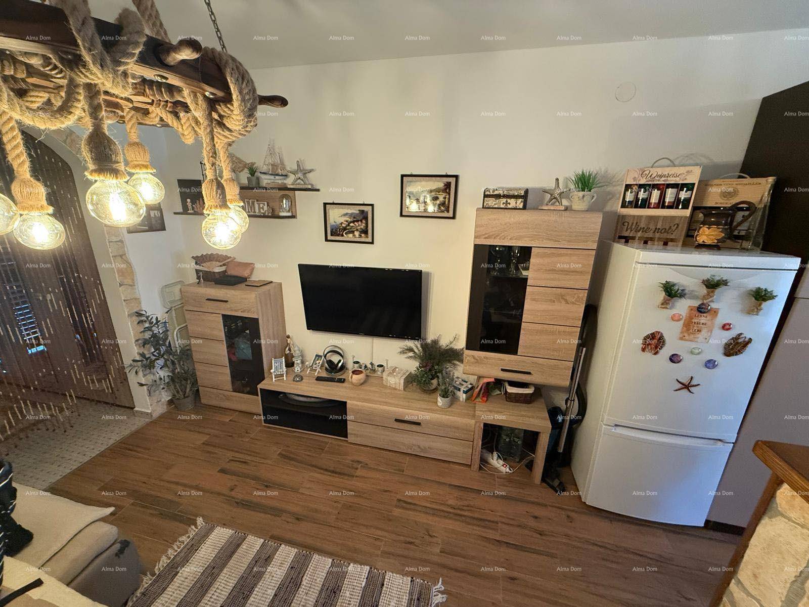 Wohnbereich mit TV-Möbeln, Kühlschrank und dem charakteristischen Seil-Kronleuchter, der den Raum erhellt.