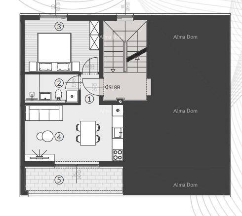 Grundriss einer Wohnung mit offenem Wohnbereich, Schlafzimmer, Bad und einer Loggia.