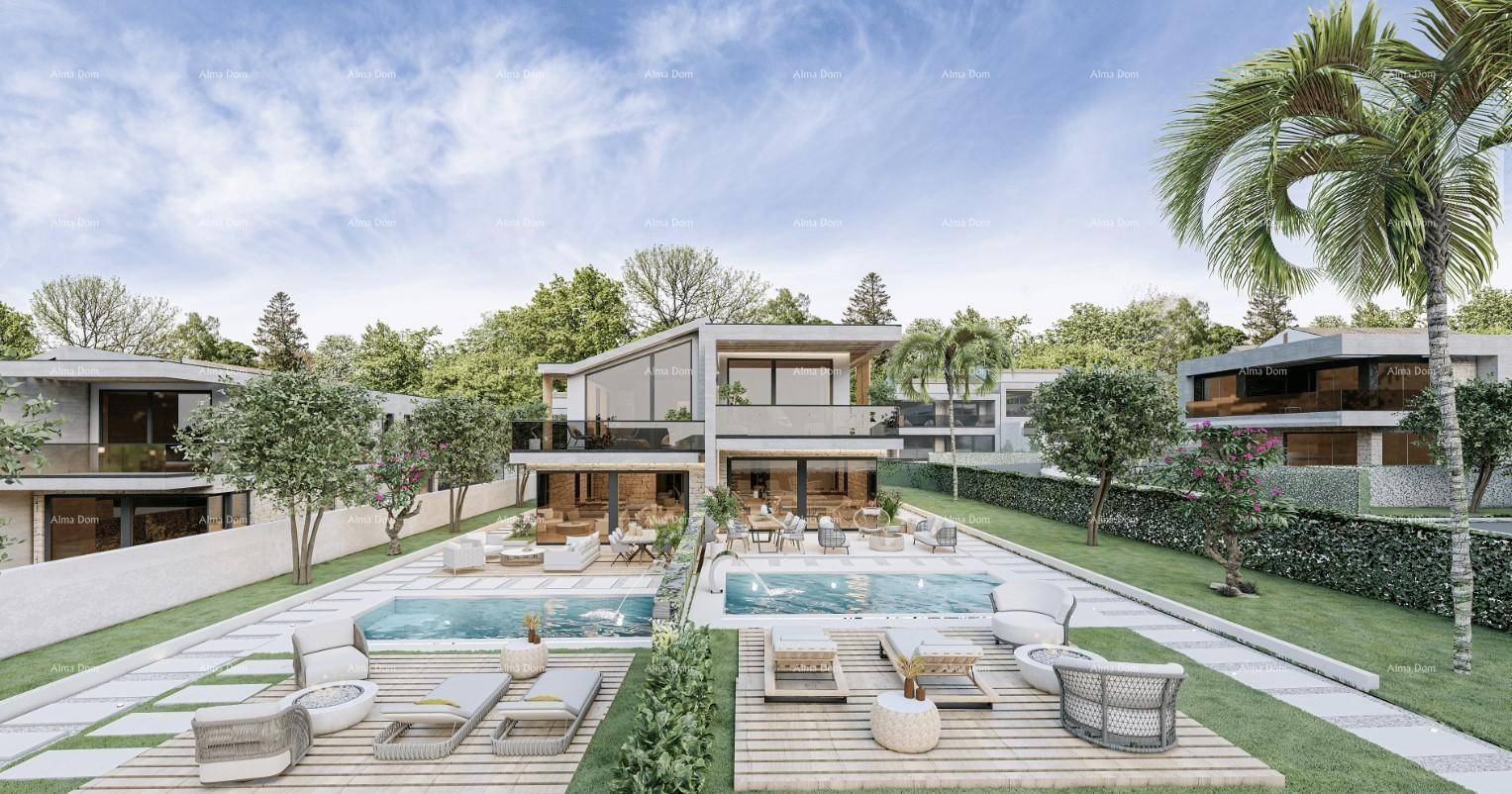 Exklusive Villenanlage mit mehreren Pools, weitläufigen Gärten und Palmen.