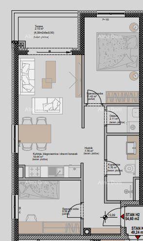 Grundriss einer Wohnung mit offener Küche, Wohnbereich, zwei Schlafzimmern und Terrasse.