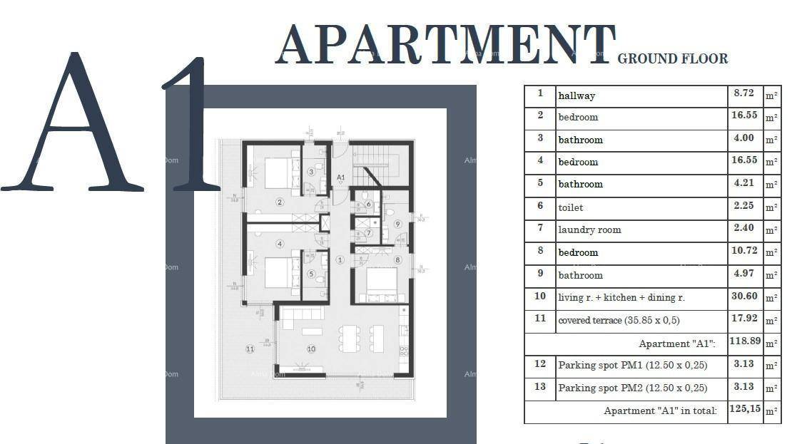 Grundriss der Erdgeschosswohnung A1 mit drei Schlafzimmern und offenem Wohnbereich.