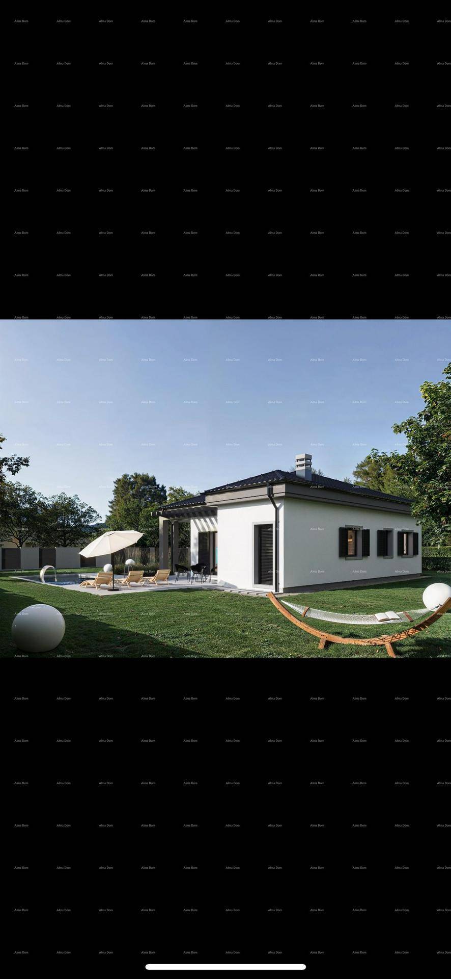 Visualisierung eines modernen Hauses mit Garten, Pool, Hängematte und Sonnenschirm.