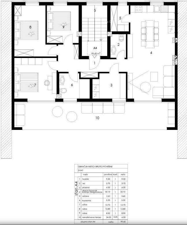Grundriss einer Wohnung mit offenem Wohnbereich, mehreren Schlafzimmern und einer großen Terrasse.