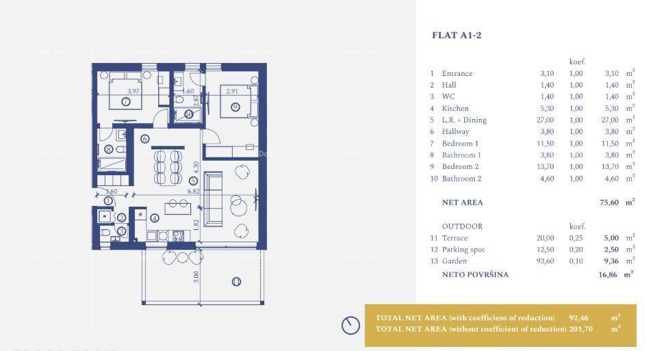 Grundriss einer Wohnung mit Wohn-Essbereich, zwei Schlafzimmern, Terrasse und Garten.