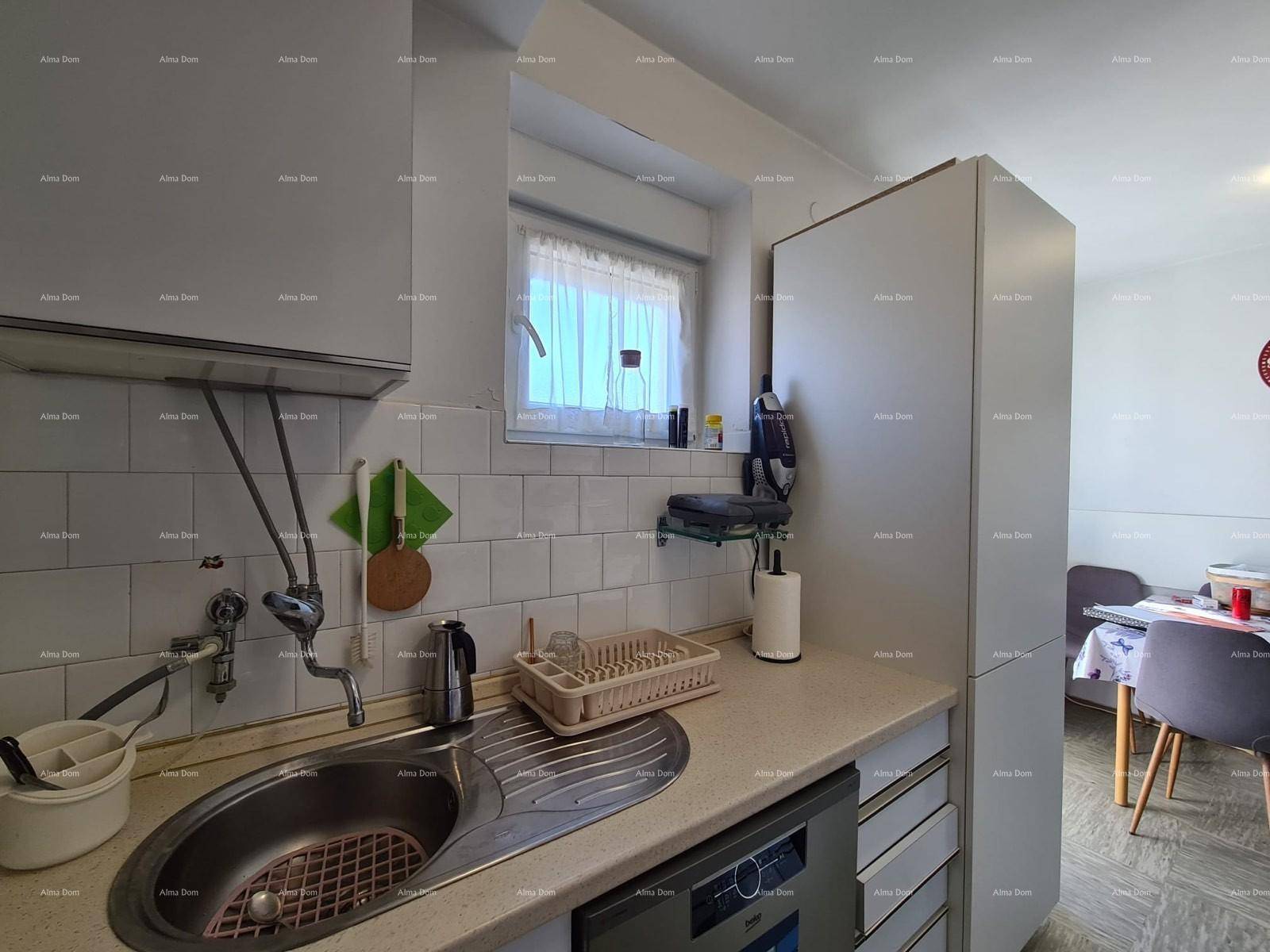 Detailansicht der Küche mit Spüle, Geschirrspüler und Fenster.
