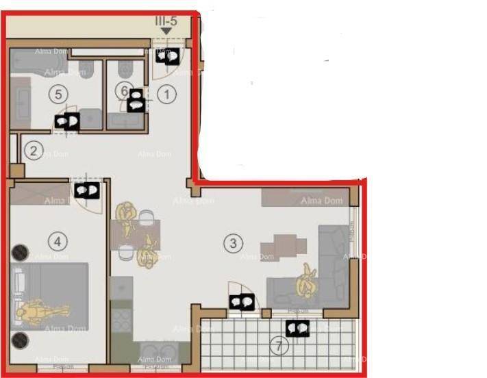 Grundriss einer Wohnung mit Wohnbereich, Schlafzimmer, Bad und Terrasse.