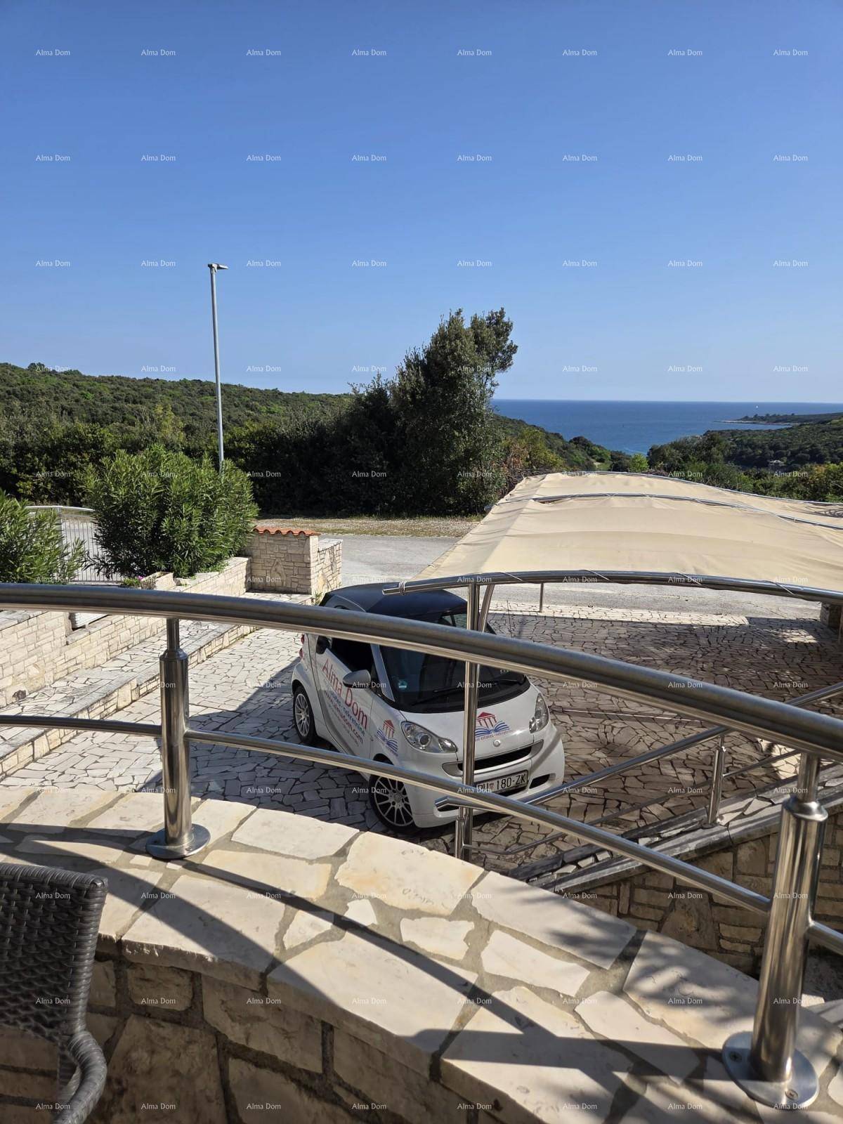 Panoramablick von der Terrasse auf das Meer und die umliegende grüne Landschaft mit einem geparkten Auto.