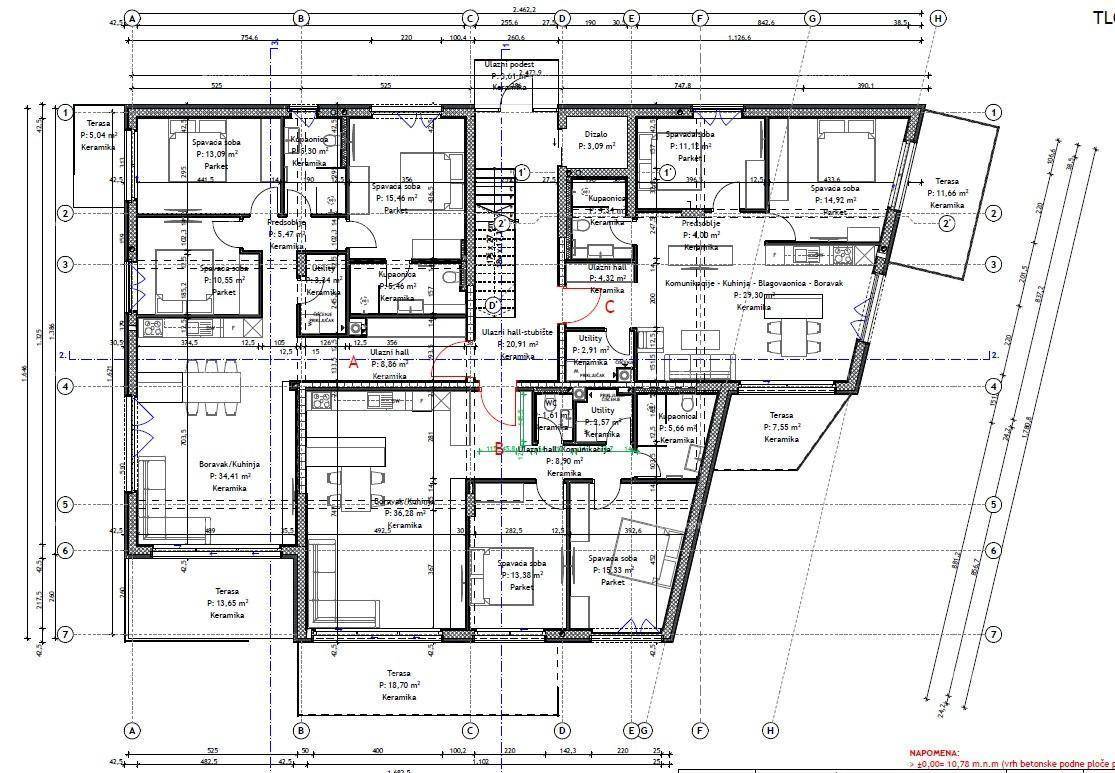 Detaillierter Grundriss einer Wohneinheit mit mehreren Zimmern, Terrassen und offenem Wohnbereich.