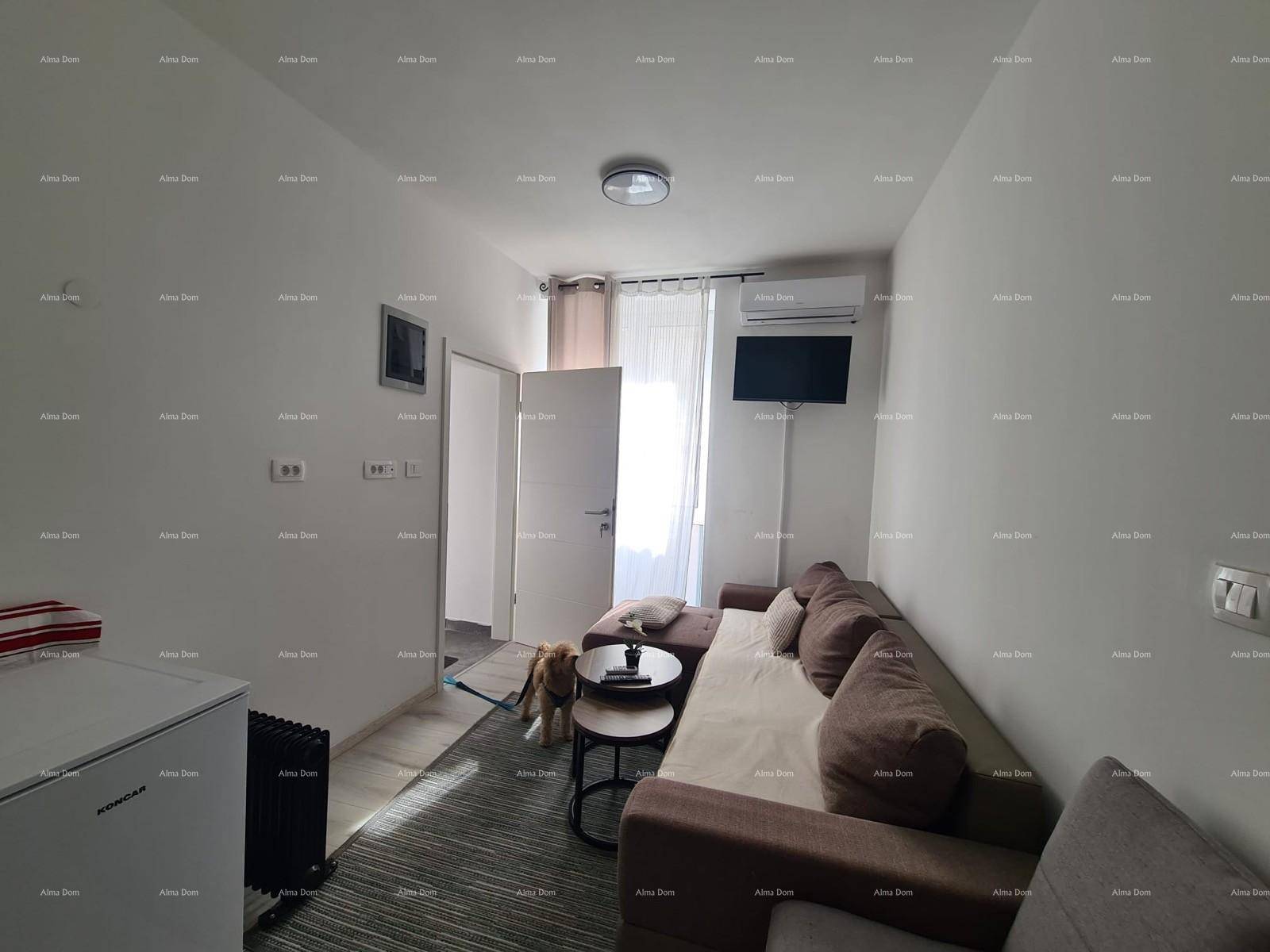 Gemütliches Wohnzimmer mit braunem Ecksofa, Fernseher und Klimaanlage.