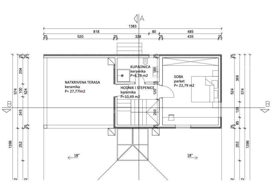 Grundriss des Obergeschosses mit Schlafzimmer, Bad und großer überdachter Terrasse, inklusive Maßen.