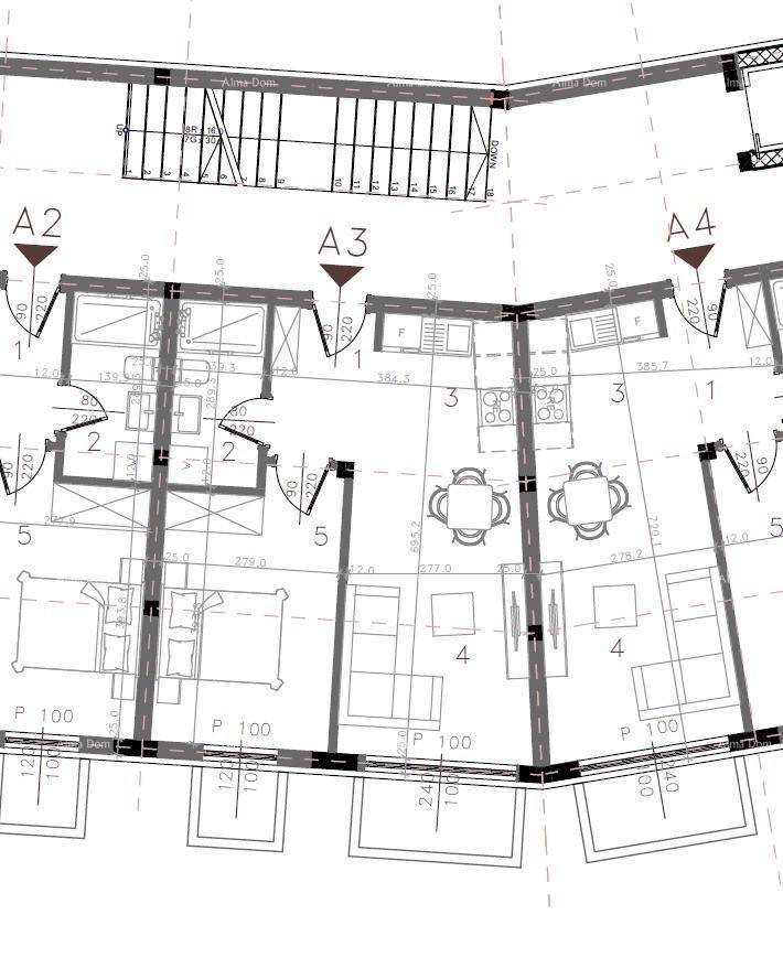 Detaillierter Grundriss einer Wohneinheit mit offener Küche, Essbereich, Wohnzimmer und Schlafzimmer.