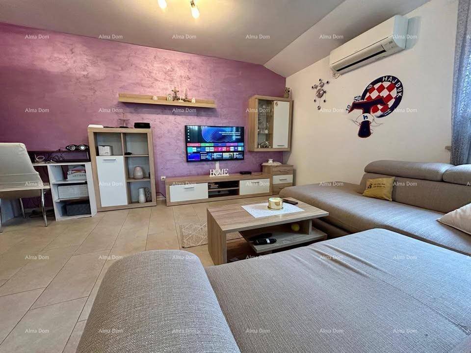 Helles Wohnzimmer mit bequemer Eckcouch, Fernseher und farbiger Akzentwand.