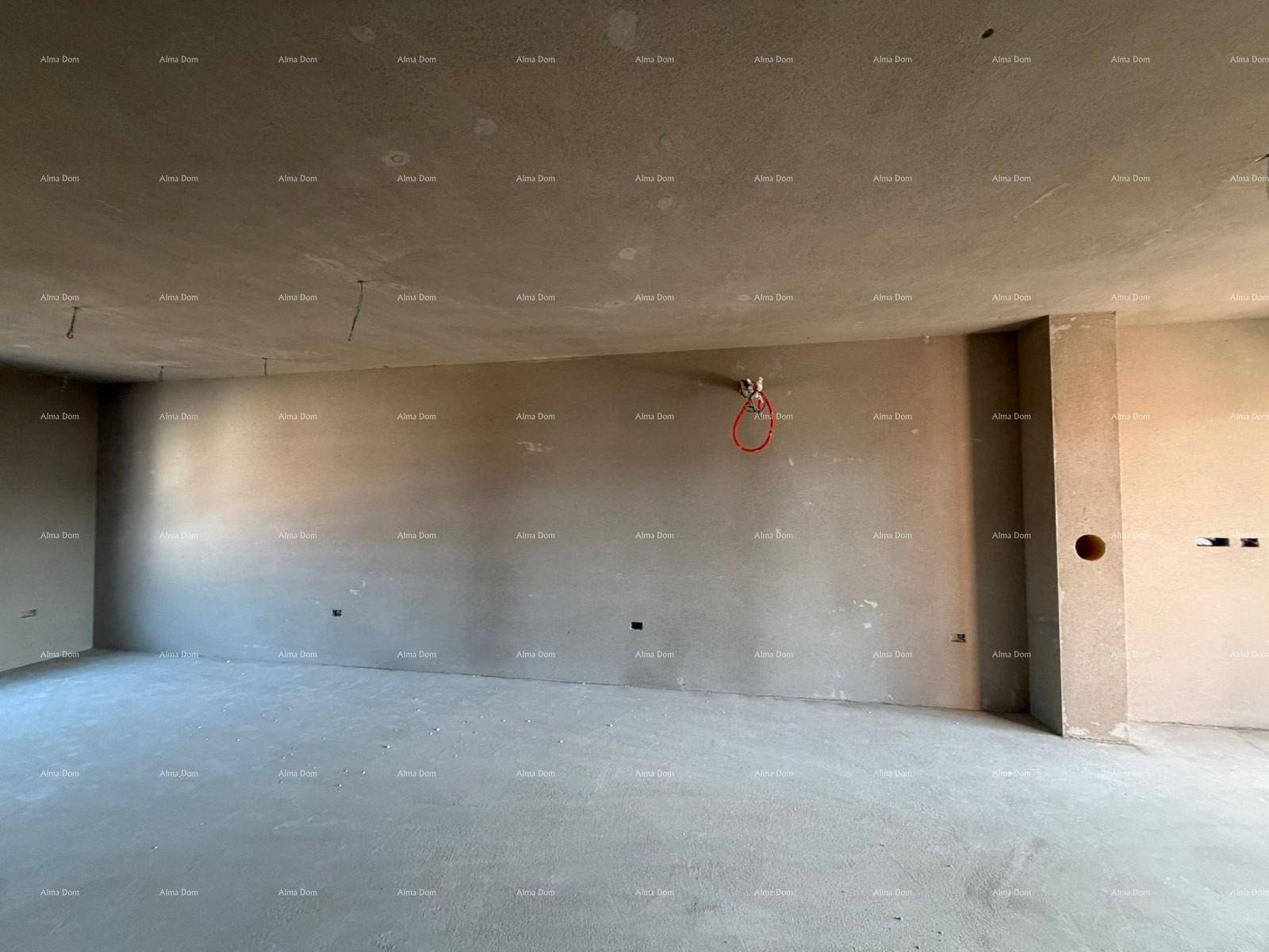 Großer, unfertiger Raum mit glatt verputzten Wänden und Betonboden, bereit für den Innenausbau.