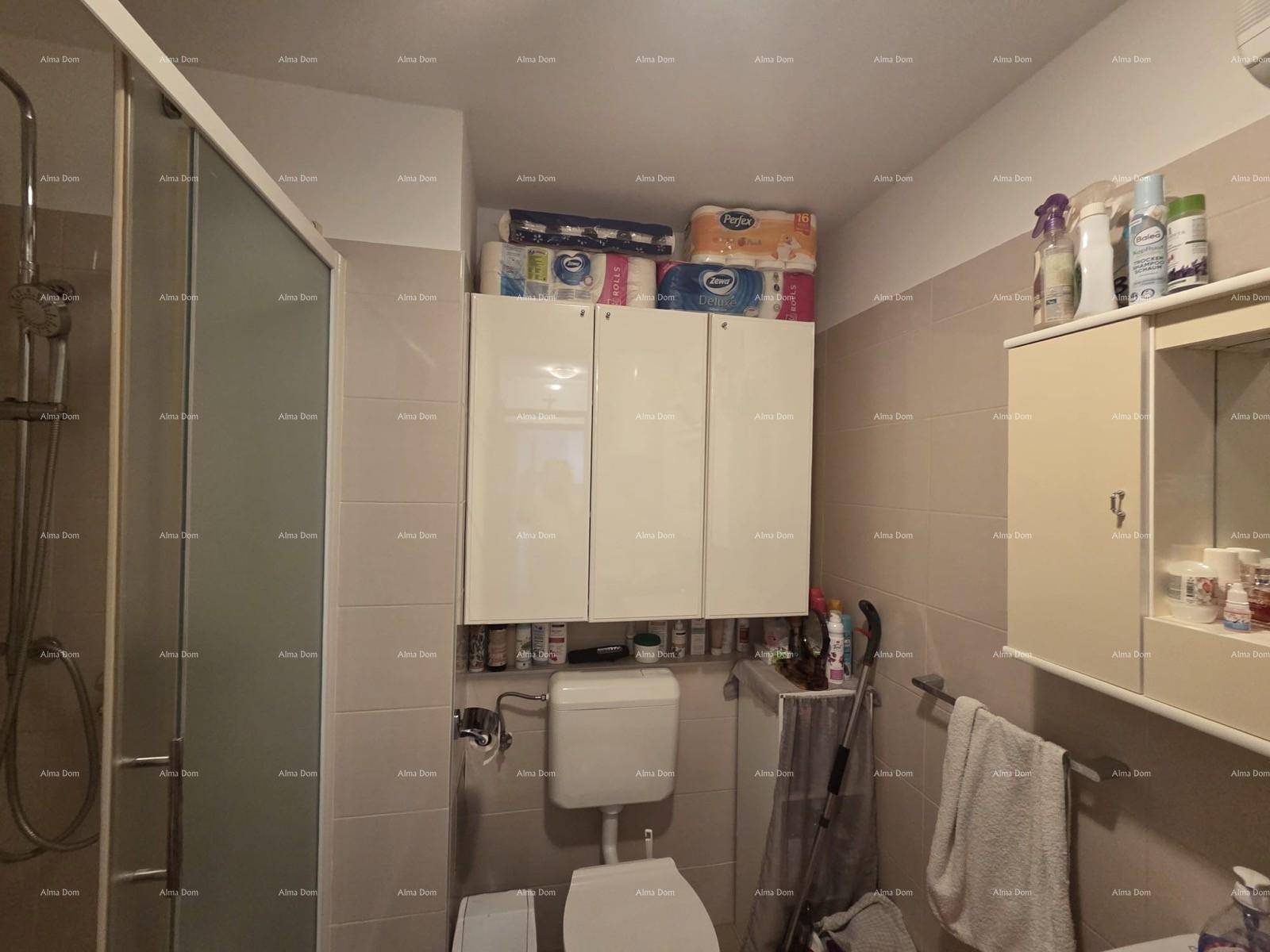 Badezimmer mit Duschkabine und Toilette, funktional und sauber gestaltet.