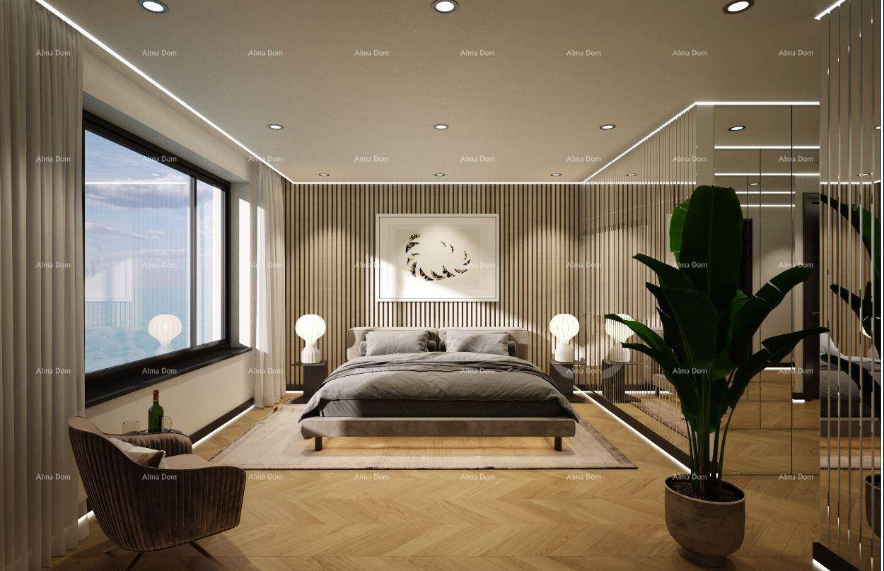 Elegantes Schlafzimmer mit Holzwandverkleidung, großen Fenstern und weitem Meerblick.