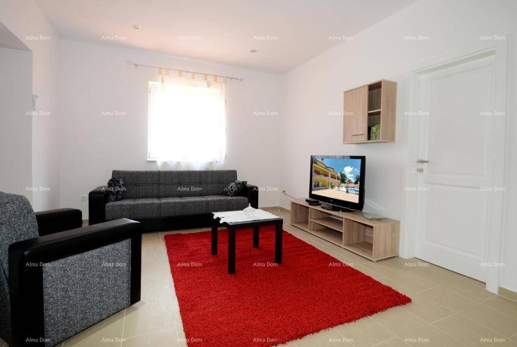 Helles Wohnzimmer mit Sofa, Fernseher und rotem Teppich.