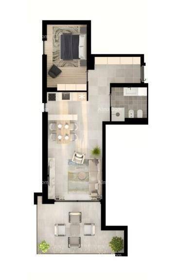 Detaillierter Grundriss einer modernen Wohnung mit Schlafzimmer, Bad und offenem Wohnbereich.