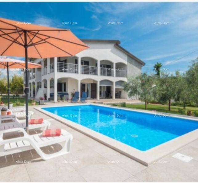 Weitläufiger Poolbereich mit Liegestühlen und Sonnenschirmen vor der eleganten Villa.