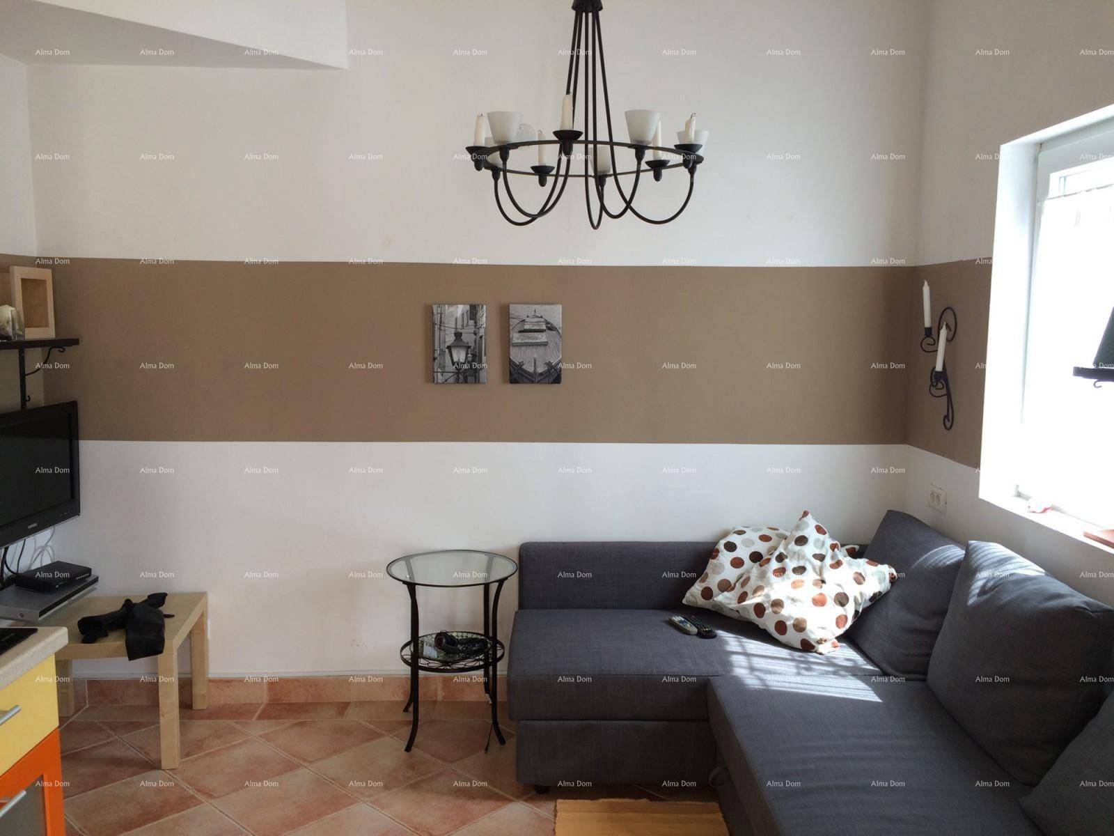 Gemütliches Wohnzimmer mit Sofa, Couchtisch und Terrakotta-Fliesenboden.