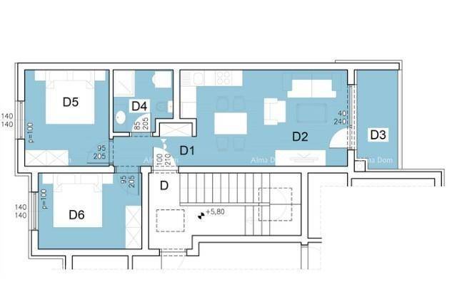 Grundrissplan zeigt zwei Schlafzimmer, ein Badezimmer, einen offenen Wohnbereich und eine Loggia.