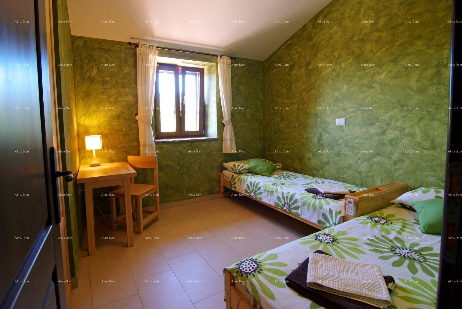 Helles Schlafzimmer mit zwei Einzelbetten, grünen Wänden und einem kleinen Schreibtisch.