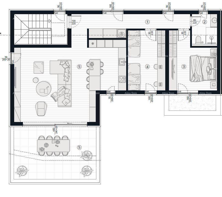 Detaillierter Grundriss einer Wohnung mit offenem Wohnbereich, zwei Schlafzimmern und großer Terrasse.